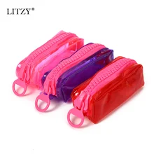 Популярный прозрачный пенал с большой молнией, красный/фиолетовый/розовый однотонный пенал, офисные школьные принадлежности, канцелярские принадлежности для девочек