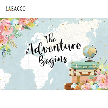 

Laeacco World Map Adventure Photo Backdrops Flowers Globe Suitcase Photography Backgrounds Child Baby Birthday Party Photocall