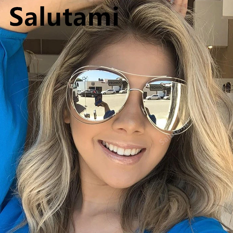 

Double Beam Hollow Round Frame Oval Sunglasses For Women Silver Mirror Lens Sun Glasses Female Oversize Alloy Shades Men Eyewear