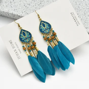 

Acrylic Bohemian Natural Beads Feather Earrings For Women Wedding Hollow Indian Boho Jewelry Drop Dangle Leaf Earrings Wholesale