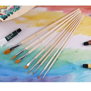 

8PCS Nylon Hair Paint Brush Set Artist Watercolor Wooden Oil Painting Supplies Round Pointed Tip and Flat Nylon Hair