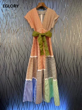 

Sexy V-Neck Long Dress 2020 Spring Summer Style Women Striped Print Green Belt Patchwork High Waist Casual Beach Long Maxi Dress