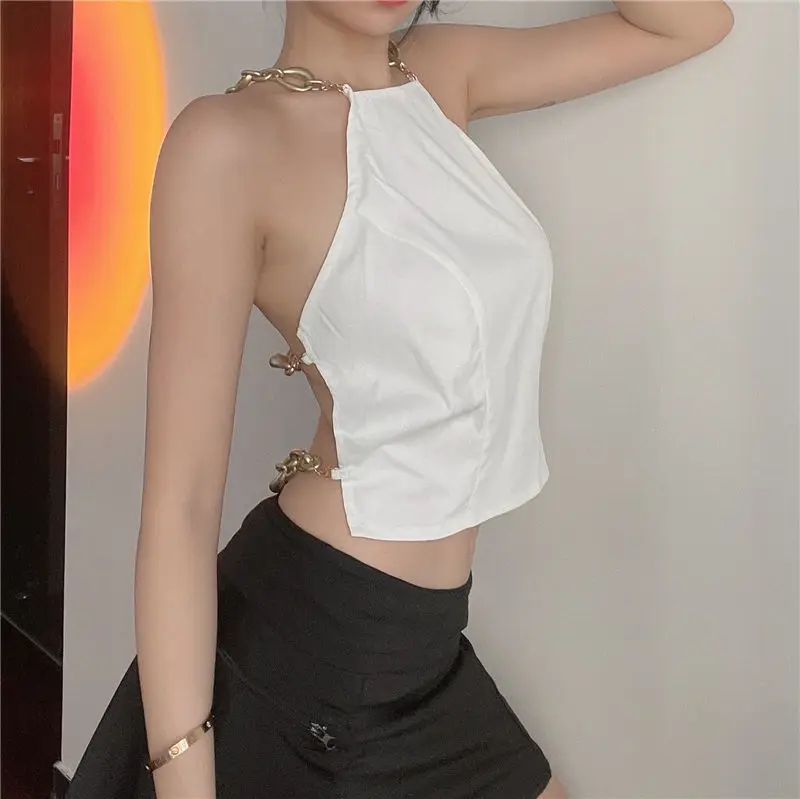 cami top Summer New Sexy Camisole Hot Girl Beach Style Short Top Big Open Back Chain Hollow Apron Female half bra