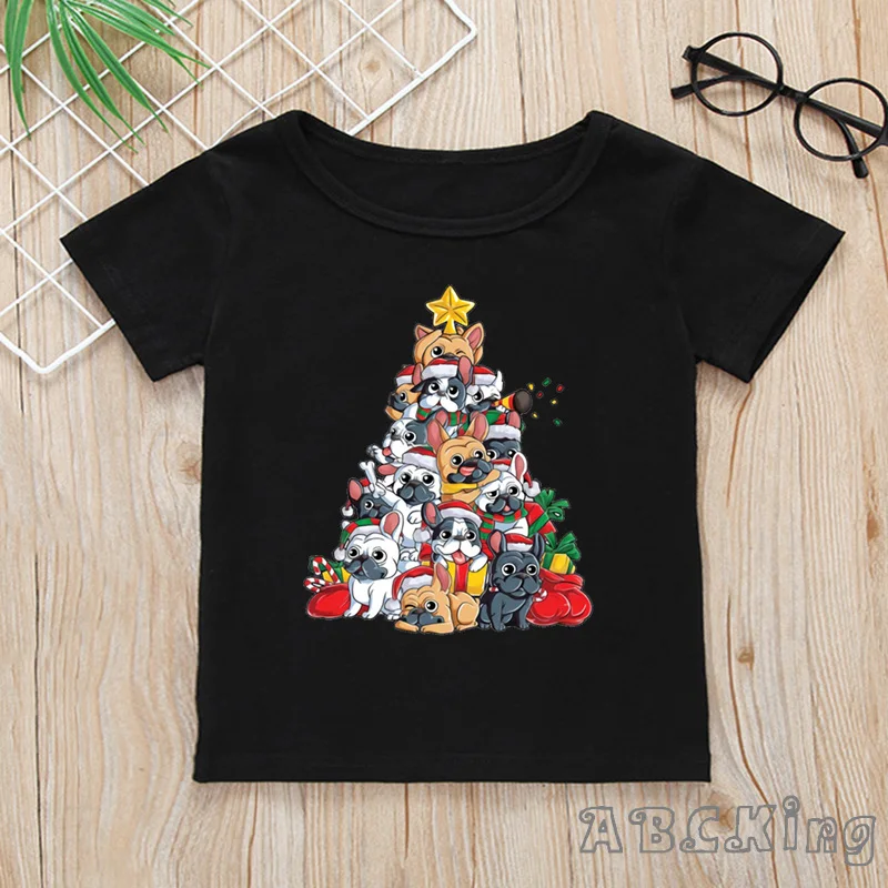 Детская футболка с принтом «Веселая Рождественская елка, собака» Забавные топы с Мопсом/бульдогом для мальчиков и девочек, детская черная футболка HKP5335