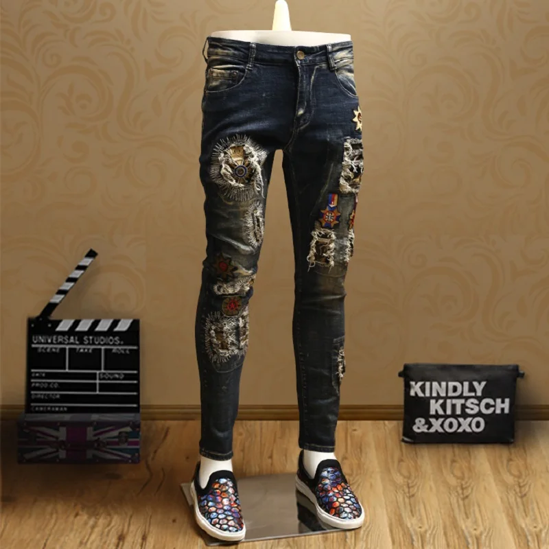 

Fashion Mens Skinny Ripped Patch Jeans Streetwear Blue Jean Pencil Pants for Men Badge Denim Trousers