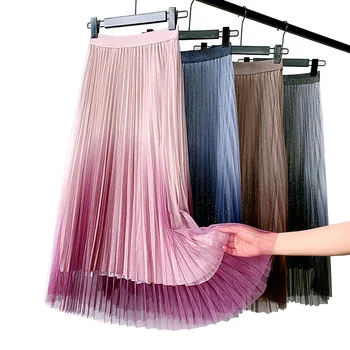 

OHRYIYIE Gradient Color Tulle Skirt Women 2020 New Spring Summer High Waist Shiny Bright Side Skirts Female Purple Pleated Skirt