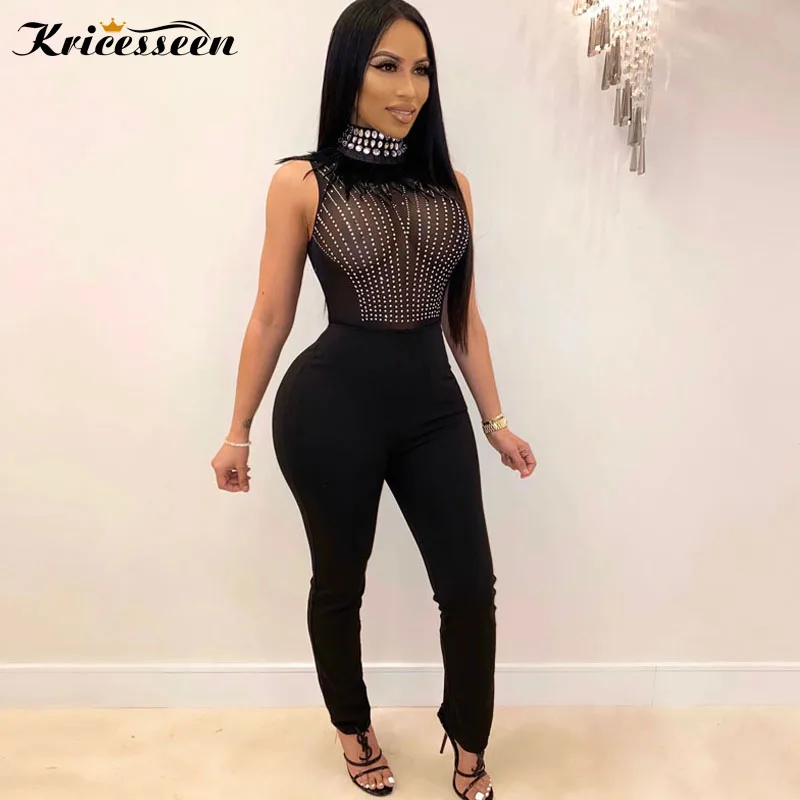Kricesseen, сексуальный черный сетчатый лоскутный обтягивающий комбинезон, женский комбинезон с высоким воротом, с перьями, со стразами, цельный комбинезон, Клубная одежда, комбинезоны