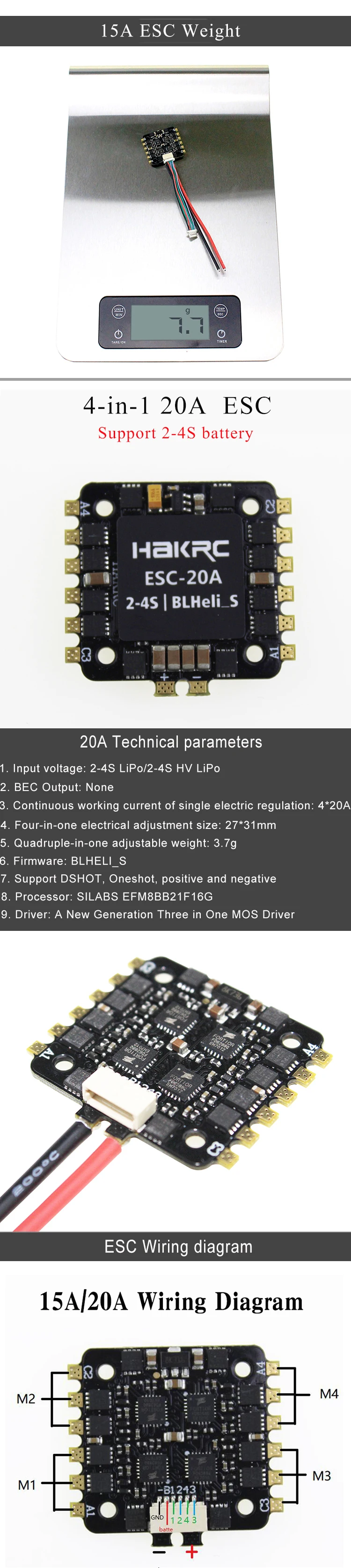 HAKRC 4-в-1 ESC 15A 20A 30A 40A 2-4S Четырехместный-в-одном электрической регулировкой FPV5.8G аэрофотосъемки 4-в-1 BL-S