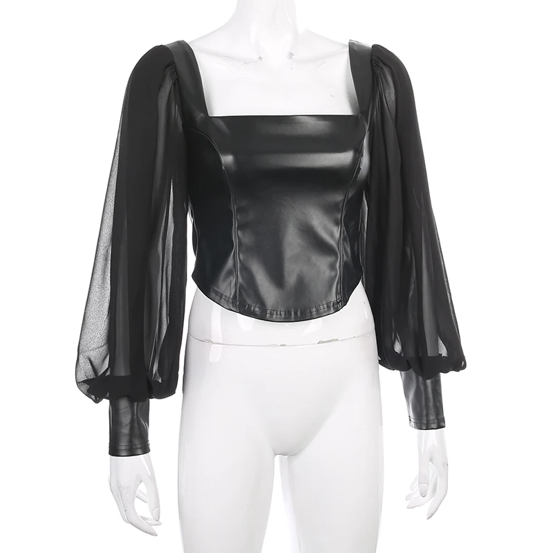 HEYounGIRL черная Элегантная футболка из искусственной кожи женская винтажная Сетчатая футболка с пышными рукавами женская облегающая Сексуальная укороченная Футболка женская