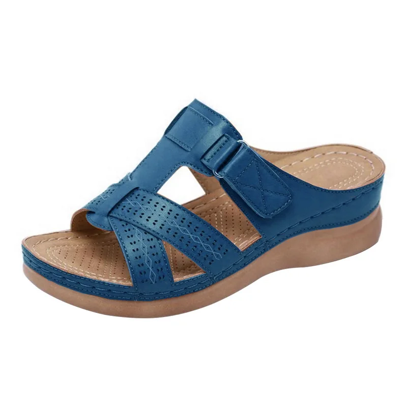 PUIMENTIUA/летние женские шлепанцы; коллекция года; Повседневная обувь в римском стиле ретро; босоножки на толстой танкетке с открытым носком; пляжные женские шлепанцы без застежки - Цвет: blue 2