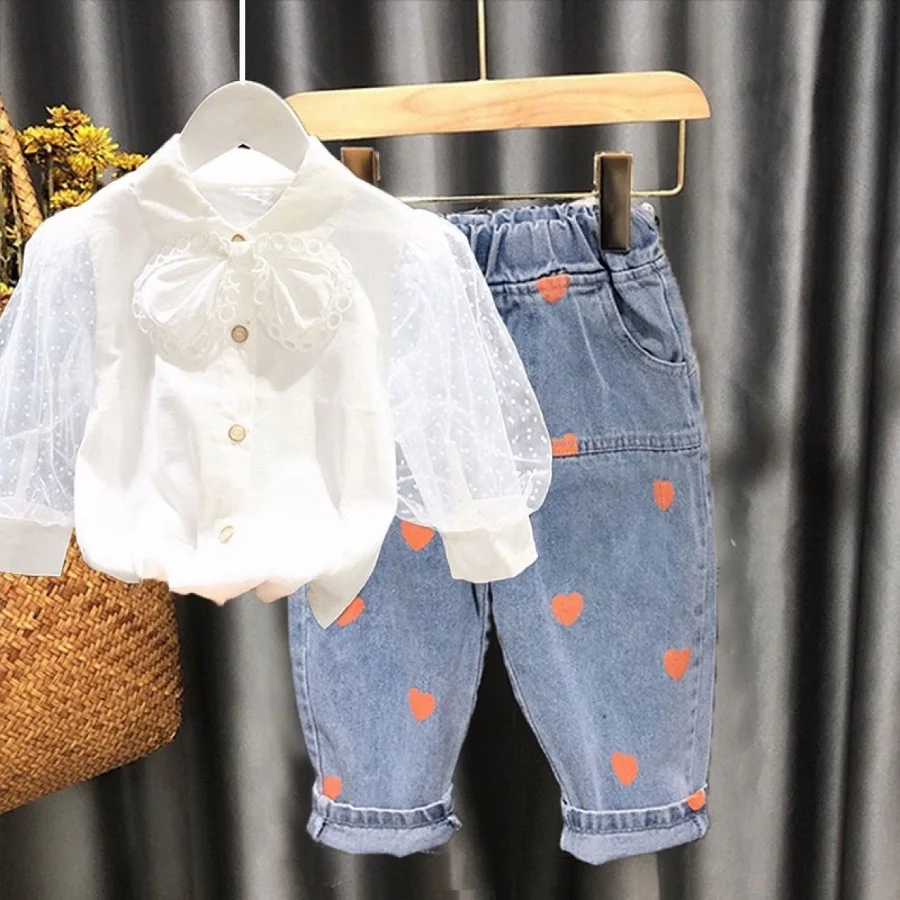 Baby girls outfit New Girls clothing set 2 Pieces Baby Suit Long sleeve Lace shirt+jeans Kids Clothes Girl Suit