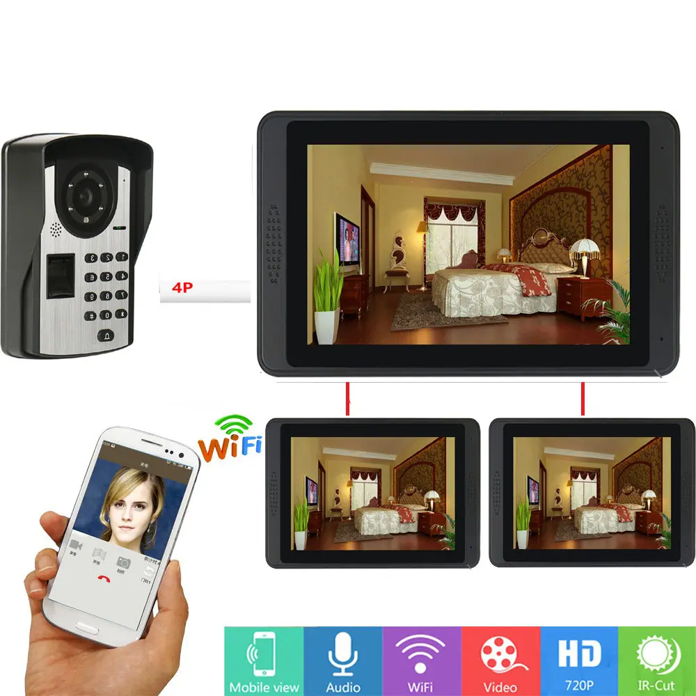 720P 7 inch 3 Monitors Wired /Wireless Wifi Video Door Phone Doorbell Intercom System with APP Remote control