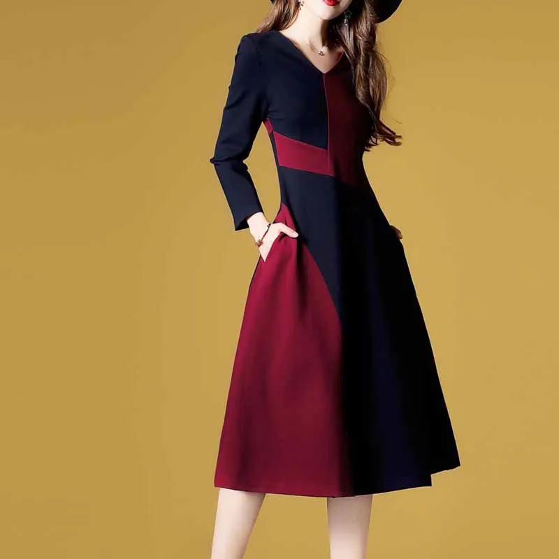 

Splicing Dress Spring And Autumn 2019 New Women Elegant Mid-length over-the-Knee V-neck A- line Skirt Sub-