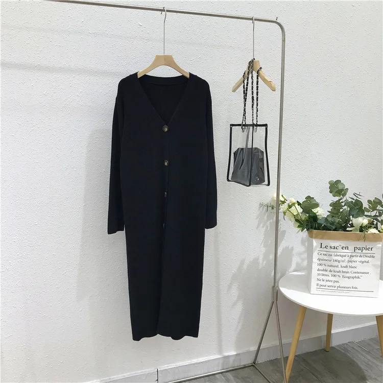 LMCAVASUN женское трикотажное платье-свитер накидка туника с поясом миди Vestidos длинный рукав двойной v-образный вырез осенние платья - Цвет: Черный