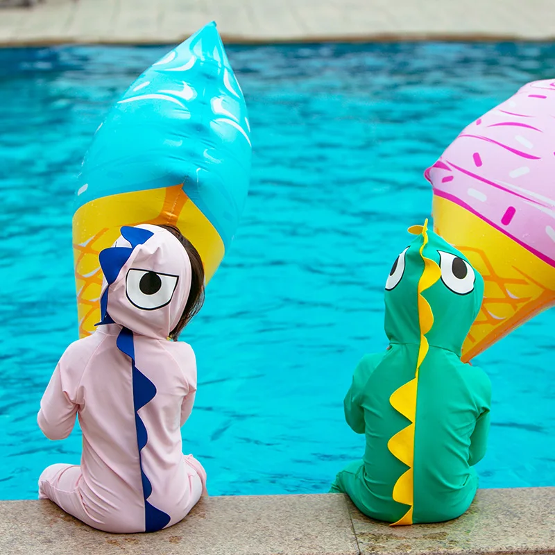 

2021 Children Swimsuit Kids Rashguard Long Sleeve Sunscreen One Piece Bathing Suit Hooded Cute Dinosaur Quick Dry Baby Swimwear