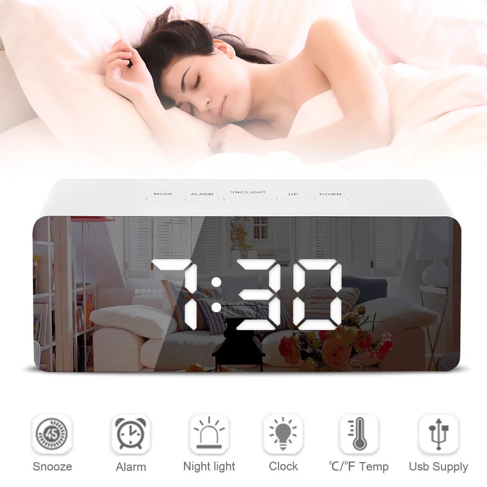 Mirror Digital Alarm Clock LED Night Light Thermometer Wall Lamp Square Rectangle Multi-function Desk USB AAA | Дом и сад