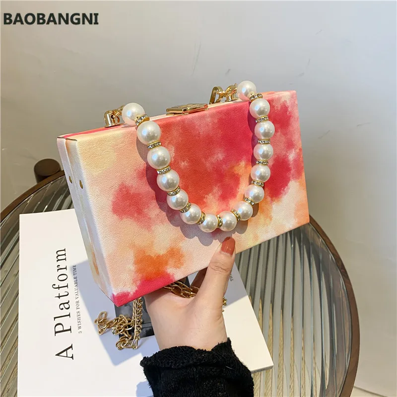 

Designer Girls Tie-dye High Quality Leather Box Evening Bag Women Pearl Handle Dinner Clutch Purses Ladies Handbag