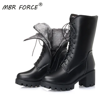 

MBR FORCE 2020 New Winter Women Fashion mid calf Boots Natural Full Cowhide Platform High Heel Woman Boots Wool banquet Boots