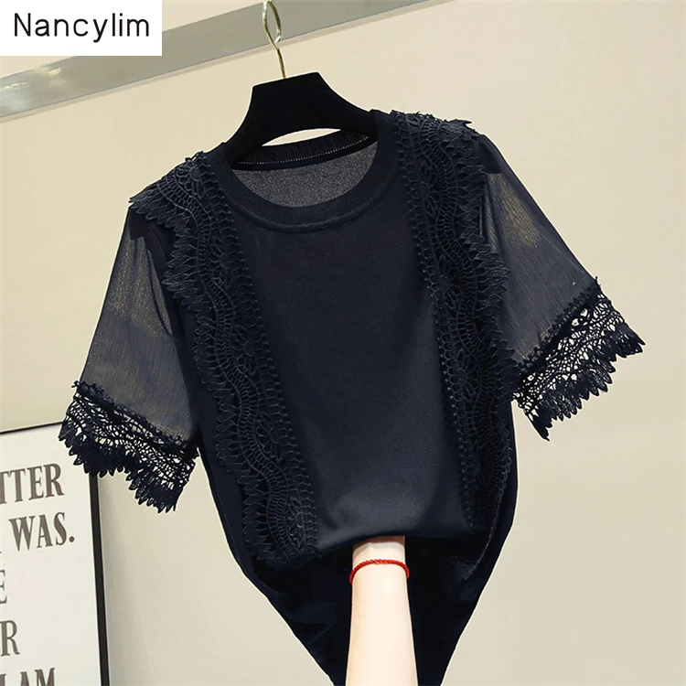 

Chiffon Stitching Knitted T-shirt Female Summer Autumn New Round Colour Knitting T-shirts Female Fashion Tee Blouse Nancylim