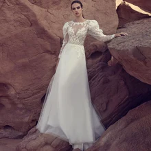 Elegant O-Neck A-Line Bridal Gown Lace Tulle Applique Long Sleeve Decent Court Train Wedding Dress Custom Made Vestidos De Novia