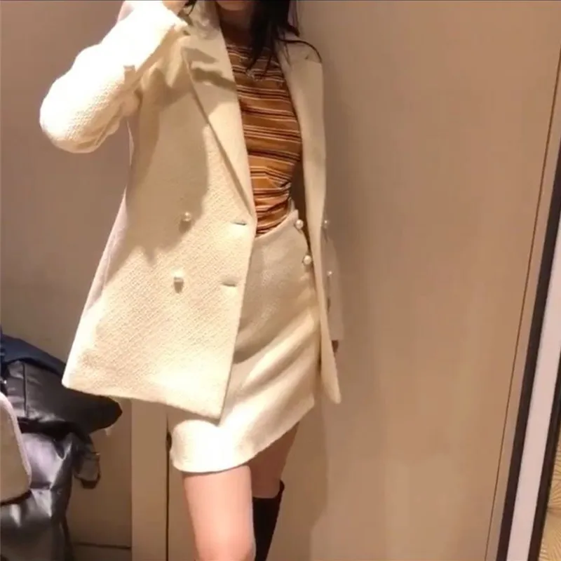 

Pearl Button Blazer Wool Suit Jacket Autumn Winter Office Lady Double Breasted Jacket