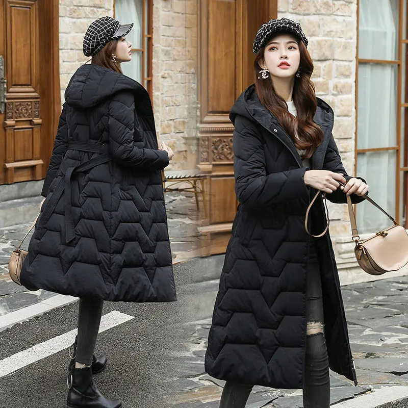 Vielleicht осенне-зимний жакет, женский пиджак, Длинная зимняя куртка с капюшоном, женские парки, зимняя куртка s и пальто с поясом - Цвет: Черный