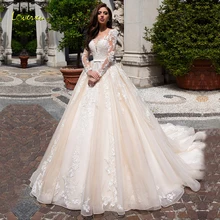Loverxu совок бальное платье Свадебные платья нежные аппликации с длинным рукавом Кнопка платье невесты суд Поезд свадебное платье размера плюс
