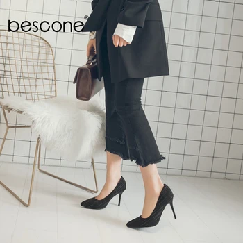 

BESCONE Stylish Ladies Pumps Sexy Pointed Toe Shallow Slip-On Thin Heel Shoes New Canvas Super High Heel Dress Women Pumps BM95