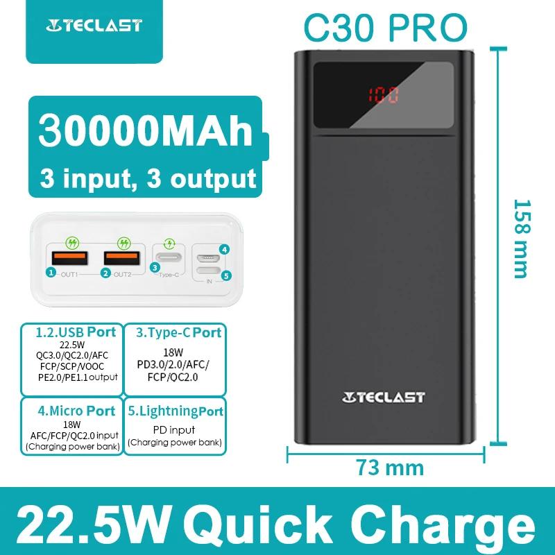 usb power bank TECLAST Power Bank 22.5W 30000mAh Portable Fast Charging Powerbank PD 18W Qucik Charge Poverbank for iPhone Huawei Xiaomi wireless battery pack Power Bank