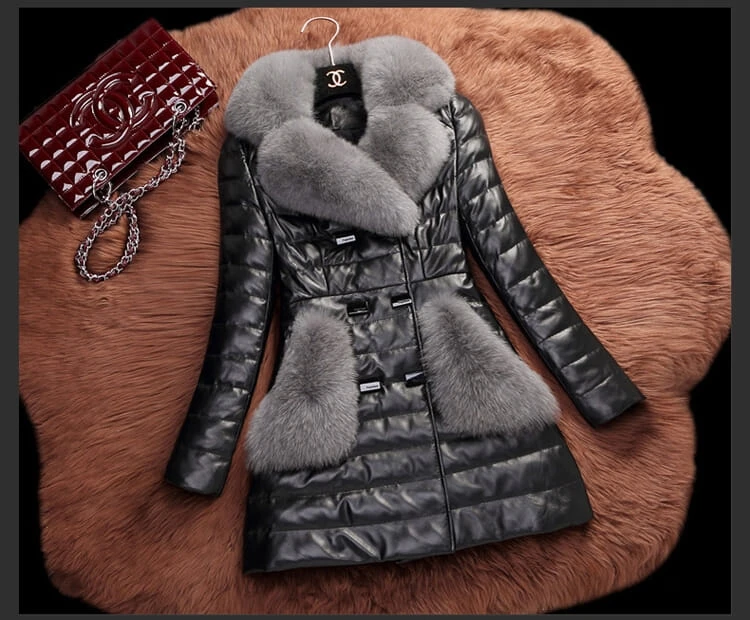 Кожаная куртка для женщин плюс бархат толстый длинный участок тонкий большой меховой воротник кожаные пальто черная одежда женские пальто