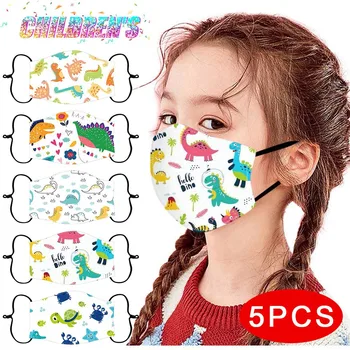 

5pcs 16 Patterns Masks Children's Adjustable Windproof Dinosaur Planet Ocean Clover Four-leaf Clover Print Reusable Face Mask