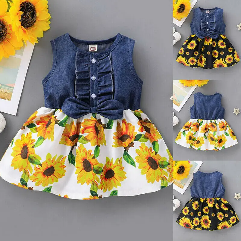 

AA 2020 Baby Kids Girls Dresses Sunflower Floral Denim Dress Sleeveless Summer Holiday Sundress Ruffle Kids Dresses