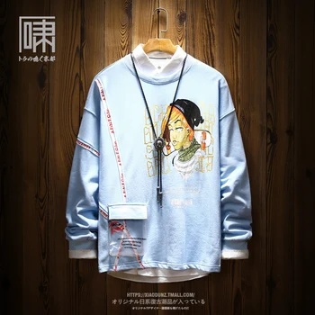 

Casual Chinese Sweatshirt Pocket Hipster Round Neck Trendy Printing Cartoon Hoodies Cotton Slim Fit Japanese Streetwear Clothing
