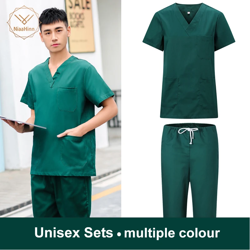 

New Medical Work Wear V Neck Solid surgical Uniform Short Sleeve Summer Doctor Nurse Uniform nursing uniform scrubs set lab coat