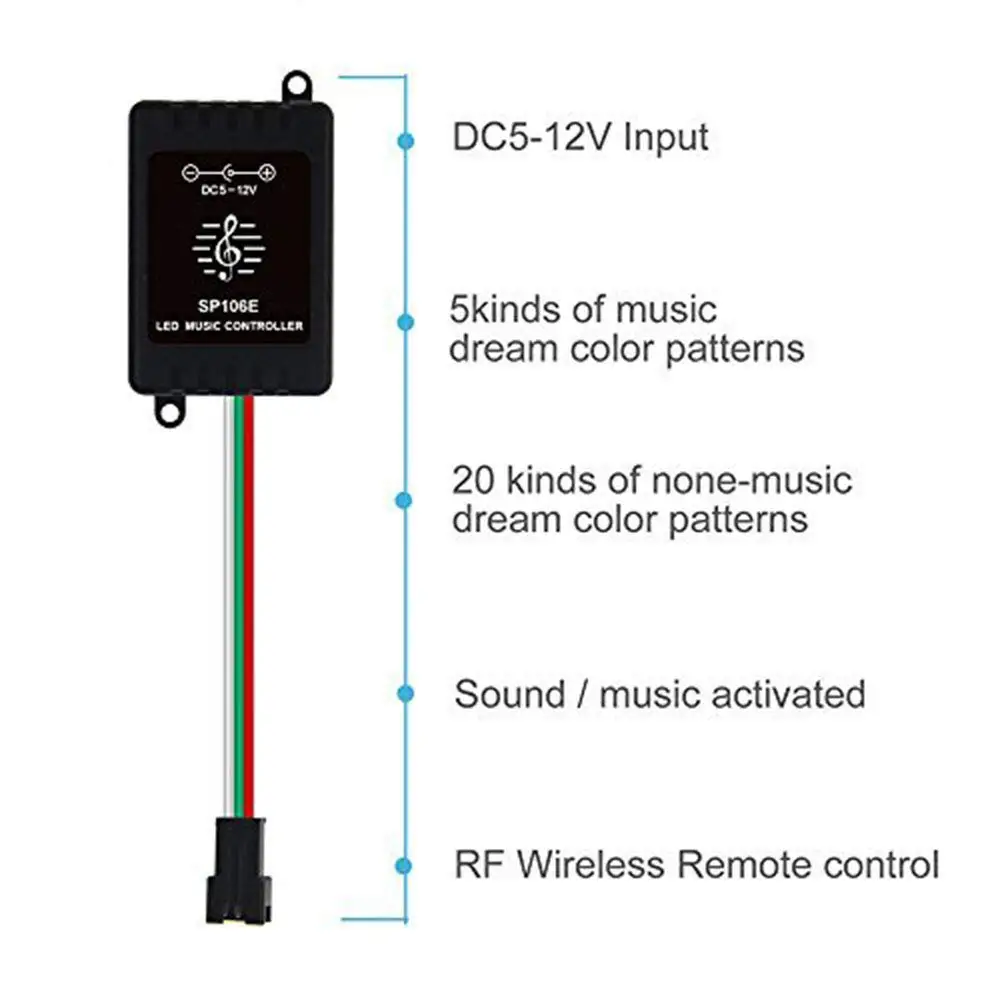 DC 5-12V SP106E RF музыкальный контроллер Dream color светодиодный контроллер для WS2812B WS2811 WS2812 SK6812 Светодиодная лента JK033