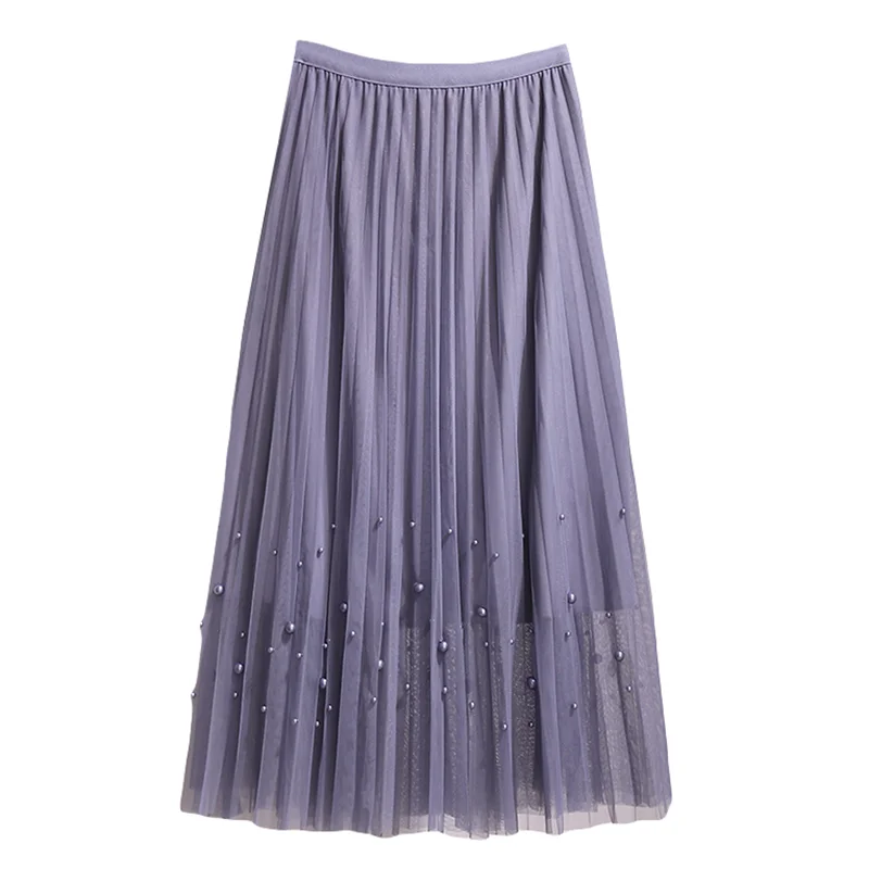 

Nail Bead Mesh Solid Color Black Long Pleated Female Women'S Skirts Clothes 2021 Spring Summer Style Autumn Vintage D0669