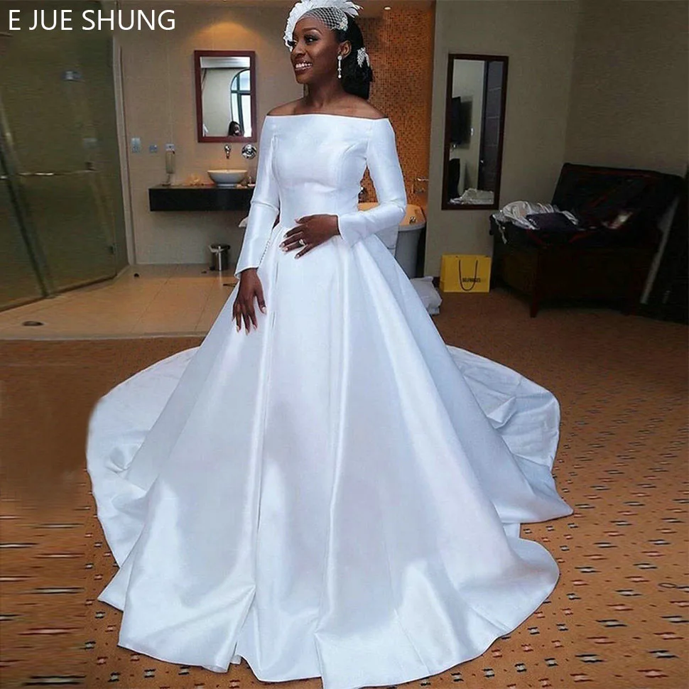 E JUE SHUNG белые атласные свадебные платья с длинными рукавами скромные свадебные одежды с длинным шлейфом