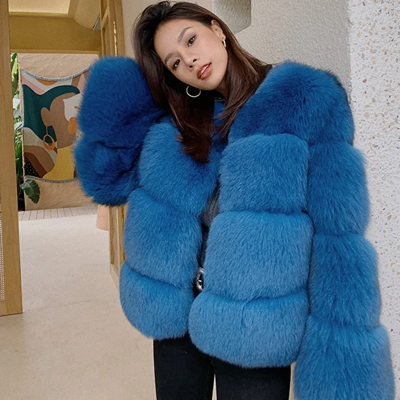 

RR V Neck Real Fox Fur Jackets Women Fashion Solid Genuine Coat Women Elegant Long Sleeve Coats Female Ladies HF