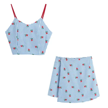 

2020 NEW Spring Women 2 pieces Set blue plaid print strapless short sleeve tops blouse mini skrit Suit female woman clothes