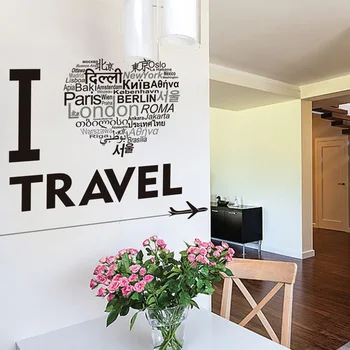 

Black I Love Travel Multi-country Text Wall Stickers for Bedroom Living room Home Decor Removable Wall Decals Art Murals