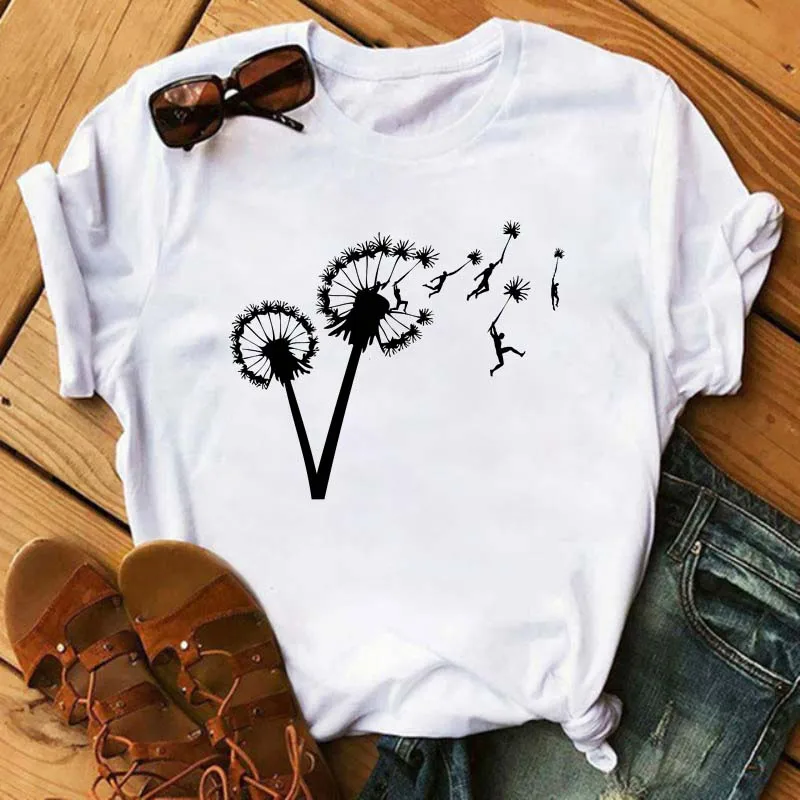 Camiseta con estampado de diente de león para mujer, remera informal Harajuku para mujer, playera de manga corta para mujer