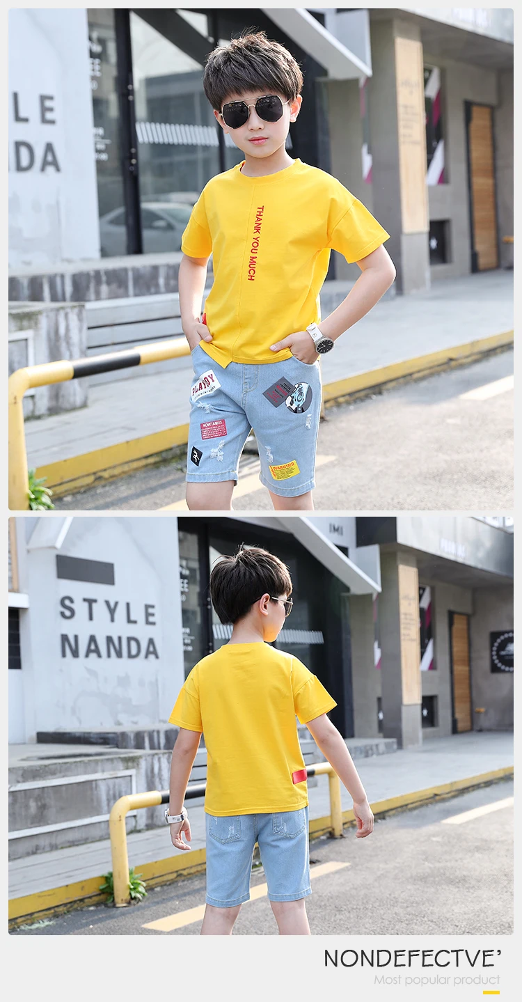 Wholesale Little Small Boy Clothes Children Kids Two-Piece Suit Yellow T Shirt Jeans Cheap Little Boys Short Sets