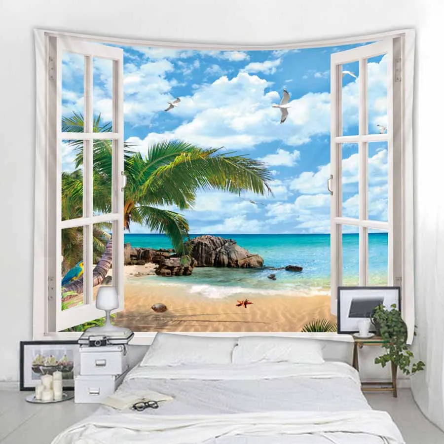

WOSTAR Beach Outside The Window Printed Tapestry decorate India Mandala Tapestry bohemian hippie decor Tapestries