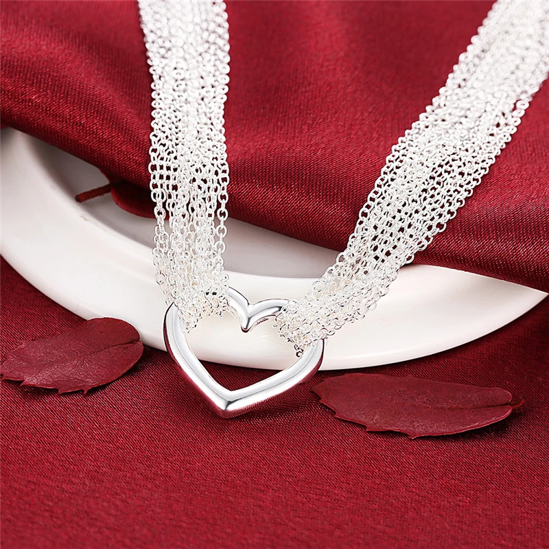 925 Sterling silver multi-line chain heart necklace bracelet network ring women wedding engagement party jewelry