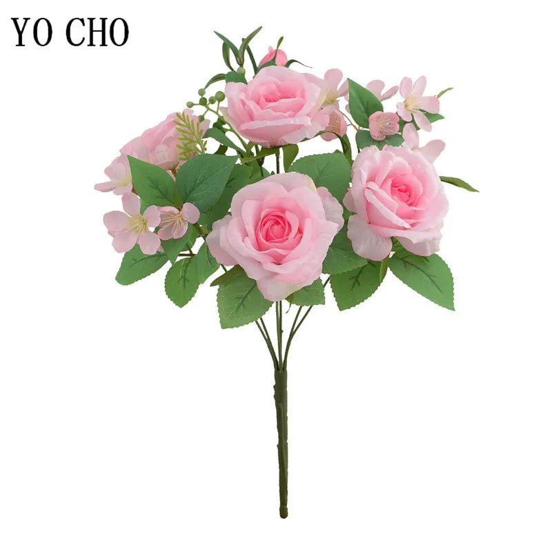 Pink Big Rose Artificial Flowers Wedding Bouquet Silk Rose Flower Cherry Blossoms for Home Party Wedding Decoration Fake Flowers