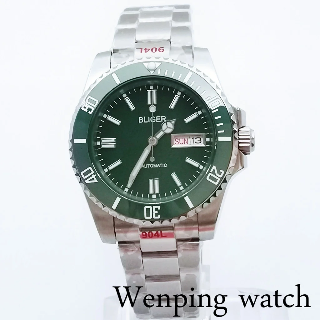

New BLIGER 40mm Men's Luxury Mechanical Sterile Watch Sapphire Glass Green Dial Bezel Date Calendar NH36A Movement Automatic