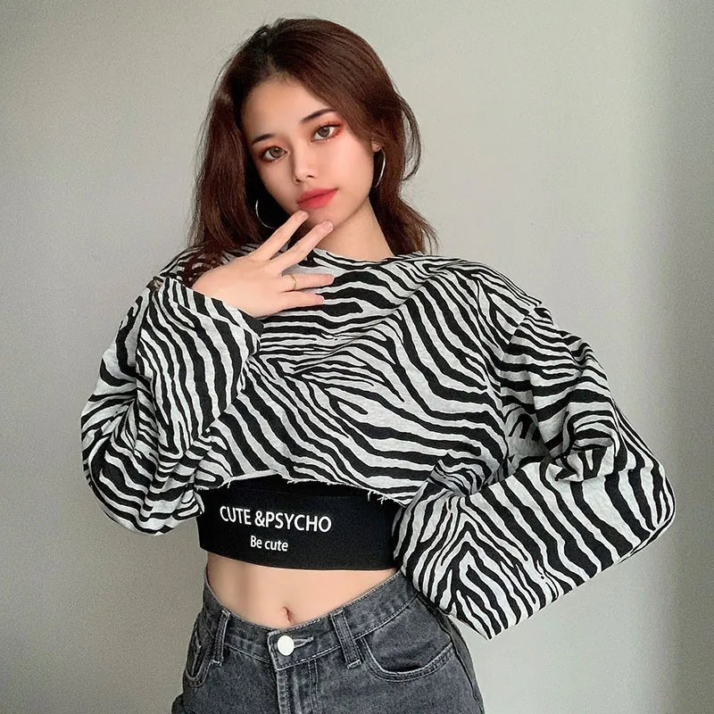 2pcs Women's Top Set Long Sleeve Round Neck Zebra Print Short Top + Letter Print Short Black Strap Hight Street Lady Clothing