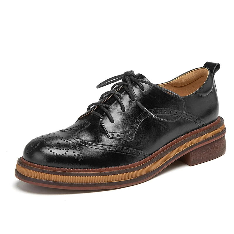 Women Genuine Leather Oxfords Shoes Hand-made Leisure Lace-up Brogues Wingtips Shoes for Ladies Autumn Flat shoes