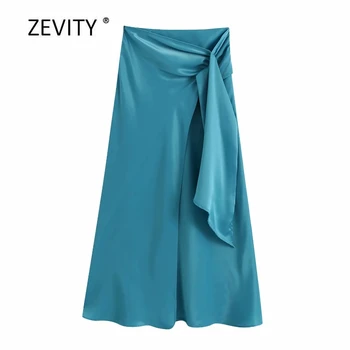 

Zevity Women fashion solid color knotted decoration casual A line skirt faldas mujer ladies side zipper chic midi skirts QUN638