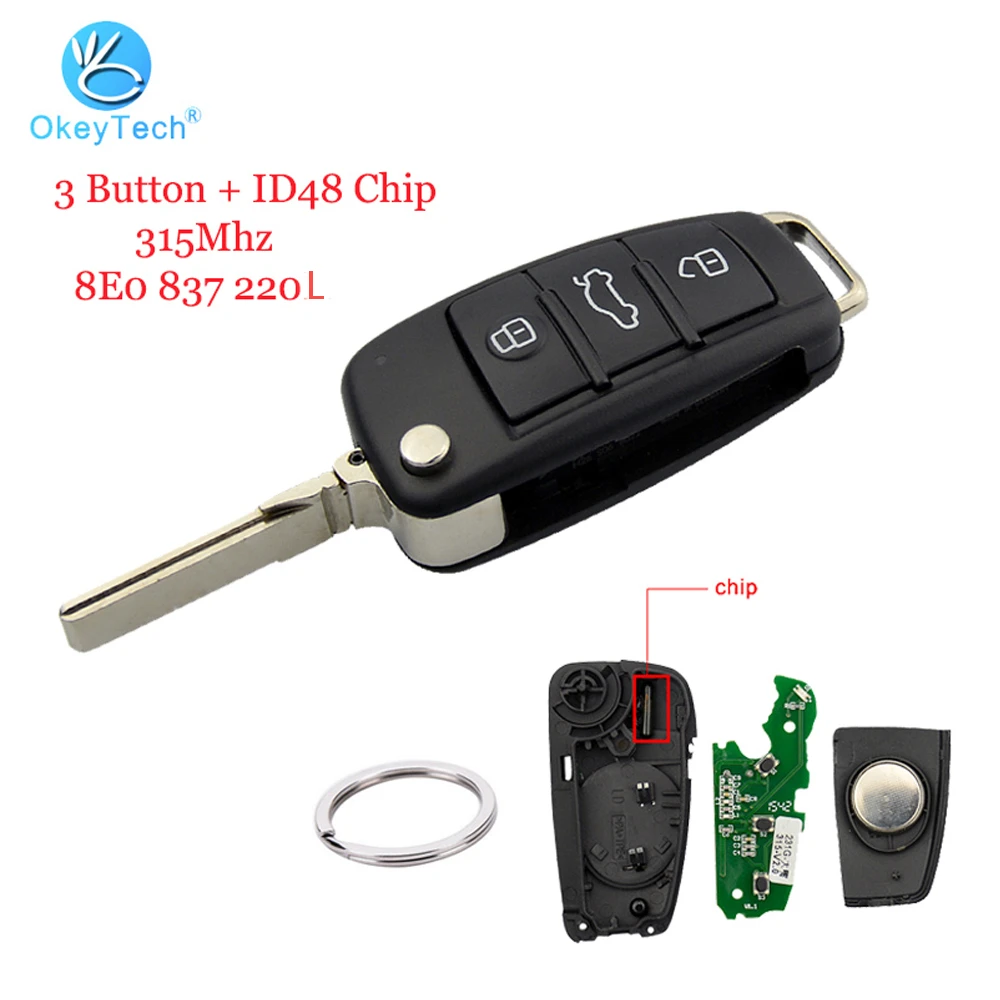 Okeytech audi a3 a4 a6 q7 tt用のリモートキー,3ボタン,折りたたみ式,hu66ブレード,315mhz,ガラスid48,8e0 837 220 l|Car Key| - AliExpress Okeytech audi a3 a4 a6 q7 tt用のリモートキー,3ボタン,折りたたみ式,hu66ブレード,315mhz,ガラスid48,8e0 837 220 l|Car Key| - AliExpress